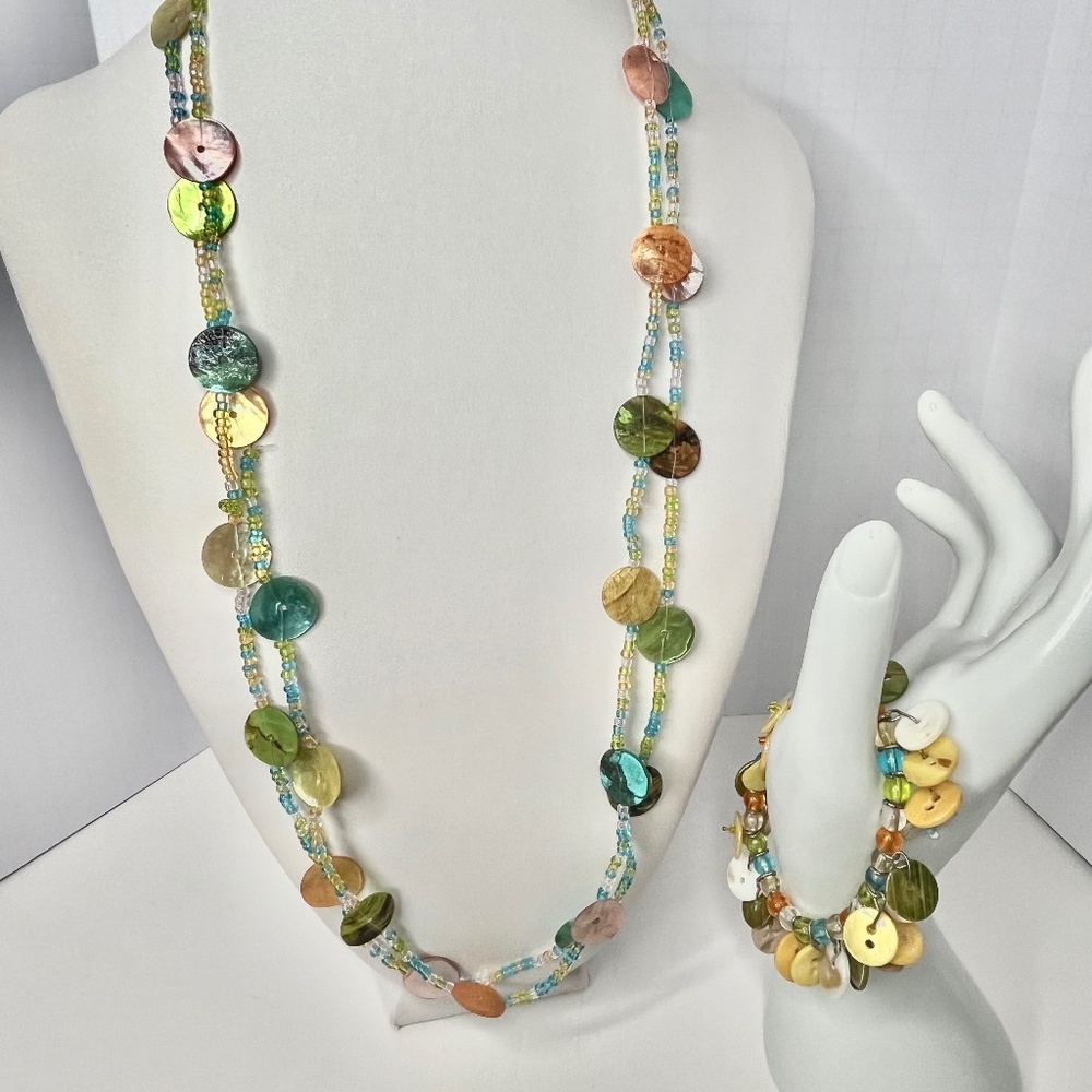Glass Seed Bead and Flat Round Bead Necklace with Stretch Button Bracelet Set